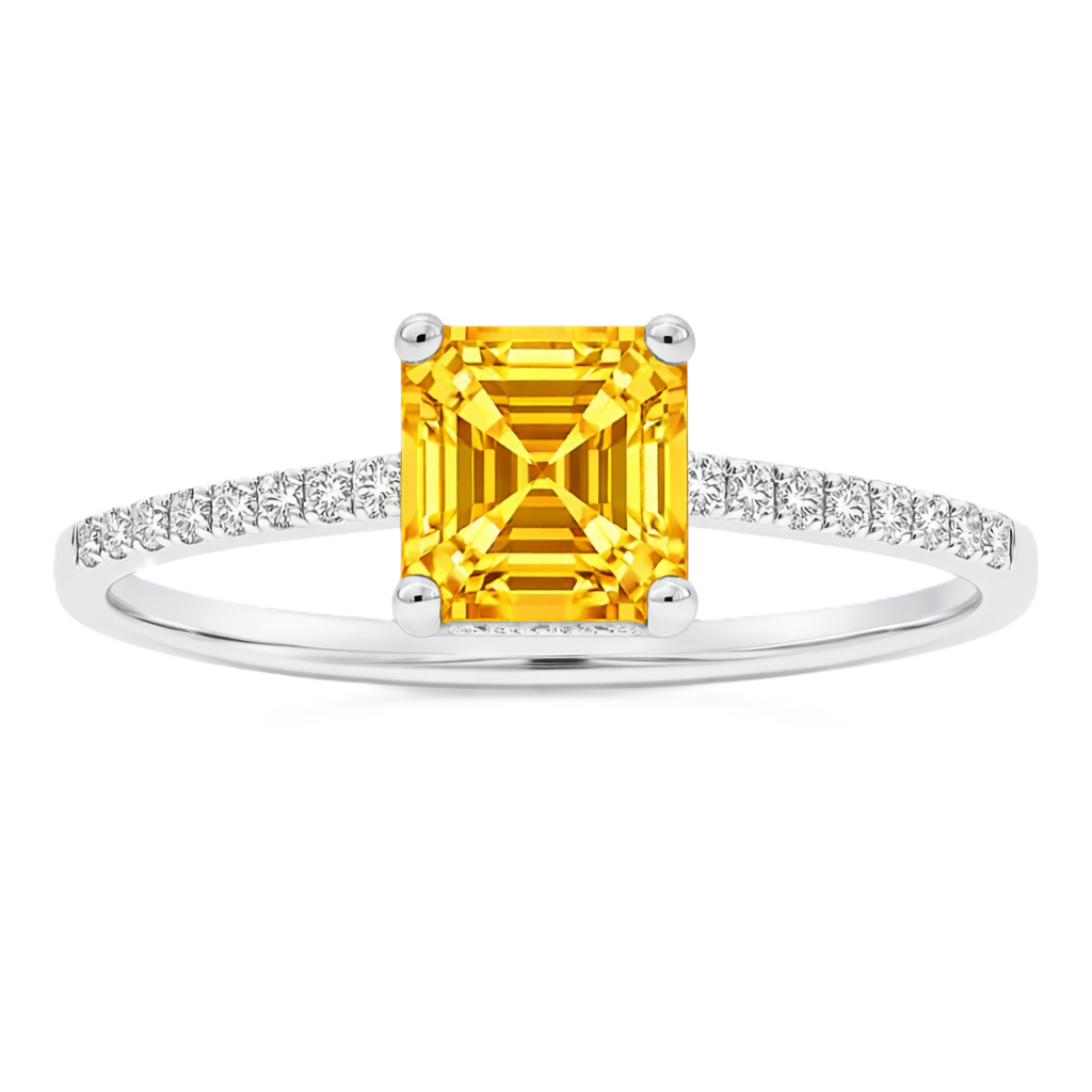 Yellow sapphire ring, 6 mm Asscher, set in white gold-plated 925 silver. Hypoallergenic and refined for daily wear. Available now at BSI Jewelry.