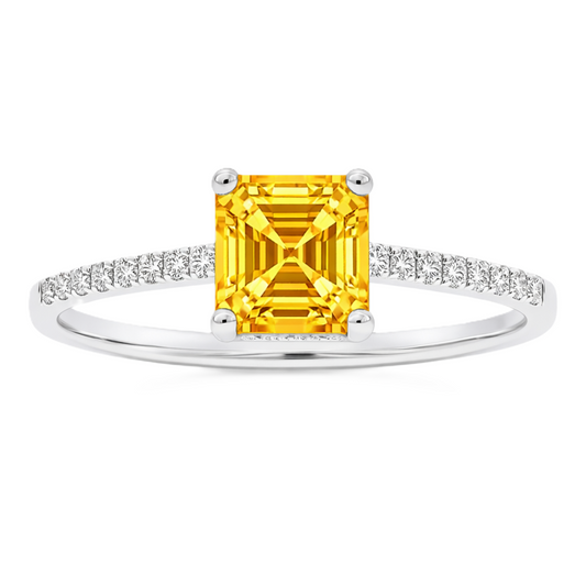 Yellow sapphire ring, 6 mm Asscher, set in white gold-plated 925 silver. Hypoallergenic and refined for daily wear. Available now at BSI Jewelry.