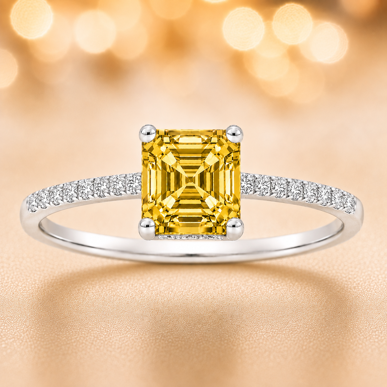 Yellow sapphire ring, 6 mm Asscher, set in white gold-plated 925 silver. Hypoallergenic and refined for daily wear. Available now at BSI Jewelry.