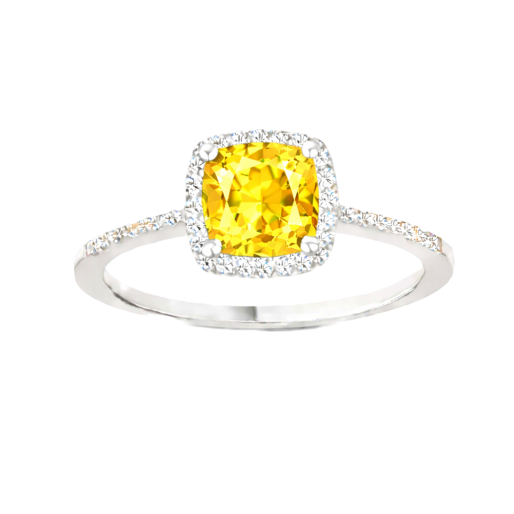 Yellow sapphire ring with a 6 mm cushion cut, accented by moissanite in white gold-plated 925 silver. Elegant and timeless. Available now at BSI Jewelry.
