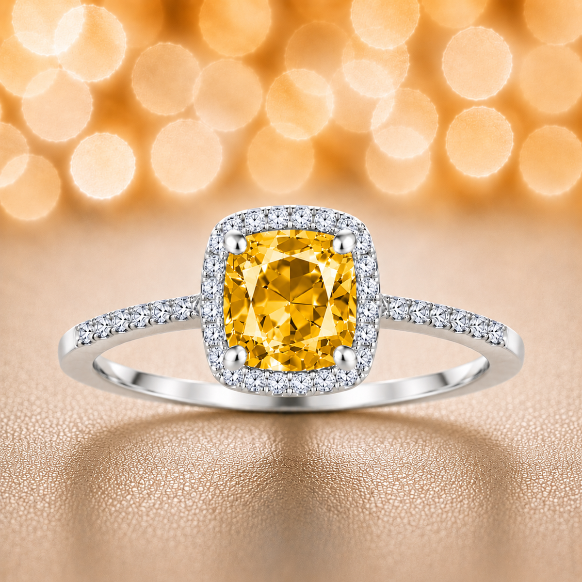 Yellow sapphire ring with a 6 mm cushion cut, accented by moissanite in white gold-plated 925 silver. Elegant and timeless. Available now at BSI Jewelry.
