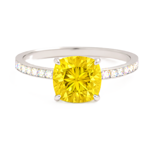 Yellow sapphire ring, 6 mm cushion, crafted in white gold-plated 925 silver. Hypoallergenic and elegant for daily wear. Available now at BSI Jewelry.