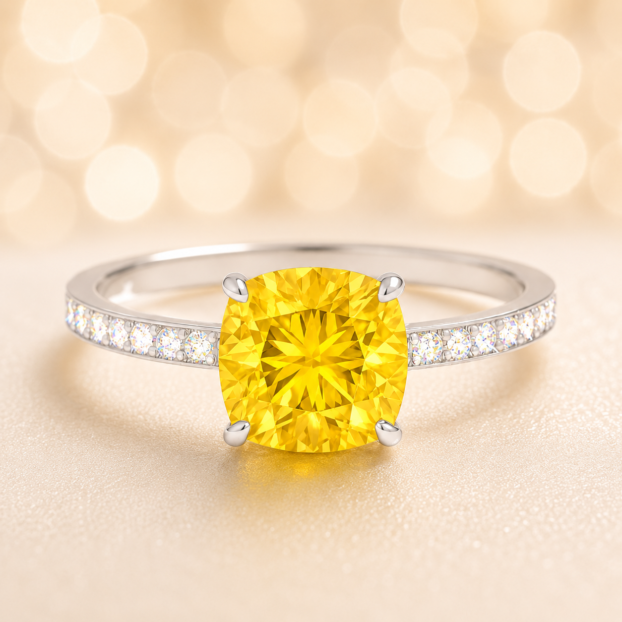 Yellow sapphire ring, 6 mm cushion, crafted in white gold-plated 925 silver. Hypoallergenic and elegant for daily wear. Available now at BSI Jewelry.