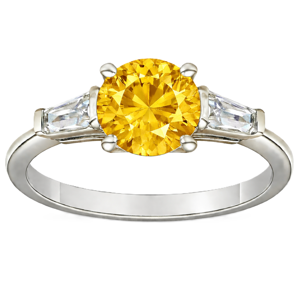 Yellow sapphire ring, 6 mm round, with tapered moissanite accents in white gold-plated 925 silver. Bright and elegant. Available now at BSI Jewelry.