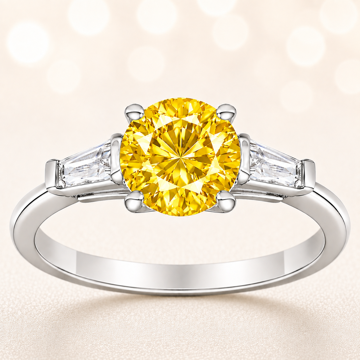Yellow sapphire ring, 6 mm round, with tapered moissanite accents in white gold-plated 925 silver. Bright and elegant. Available now at BSI Jewelry.