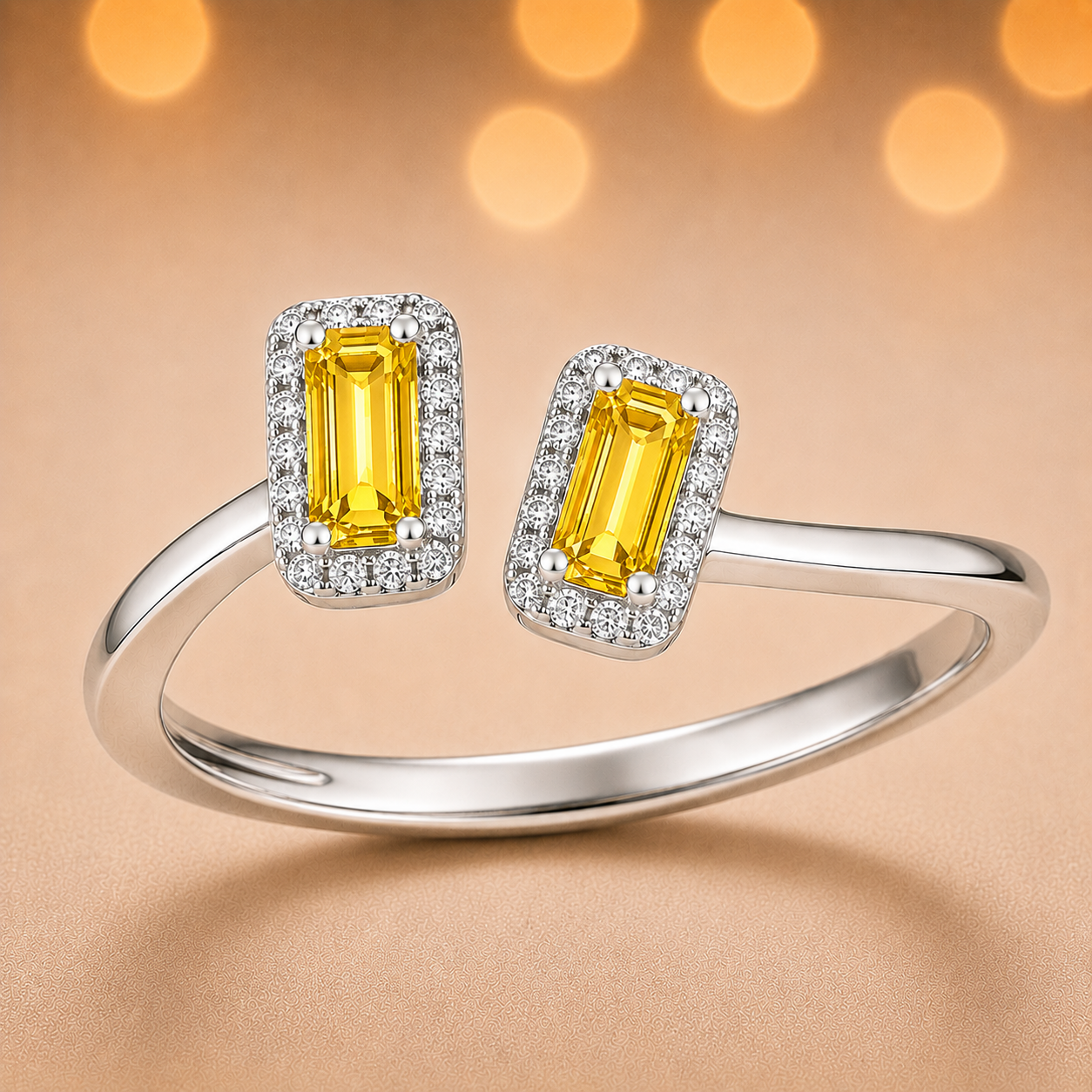 Yellow sapphire ring with 6×3 mm baguette cut stones, crafted in white gold-plated 925 silver and accented with moissanite. Modern and elegant. Available now at BSI Jewelry.