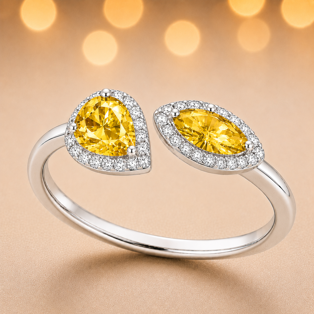 Yellow sapphire ring with 6×3 mm pear and marquise cuts, crafted in white gold-plated 925 silver with moissanite accents. Available now at BSI Jewelry.