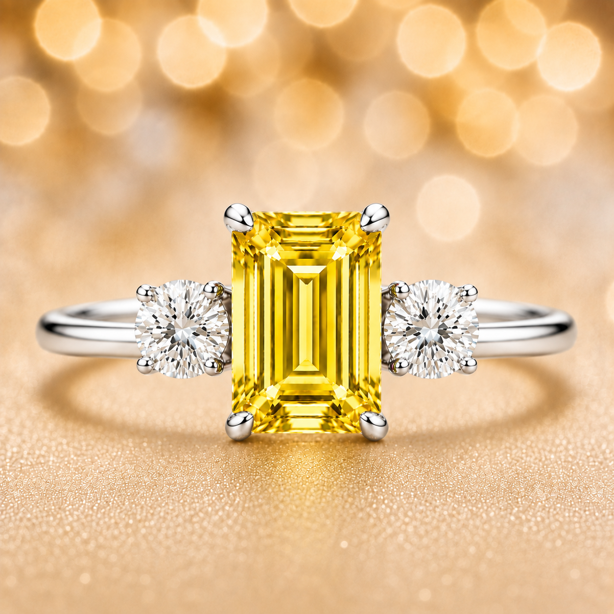 Yellow sapphire ring, 6×4 mm emerald cut with 3 mm moissanite sides, set in white gold-plated 925 silver. Elegant and hypoallergenic. Available now at BSI Jewelry.