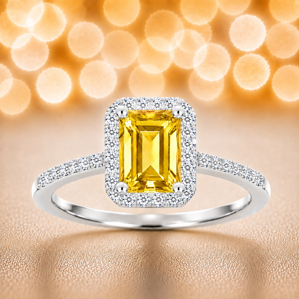 Yellow sapphire ring with a 7×5 mm emerald cut, with moissanite in white gold-plated 925 silver. Elegant and timeless for daily wear. Available now at BSI Jewelry.