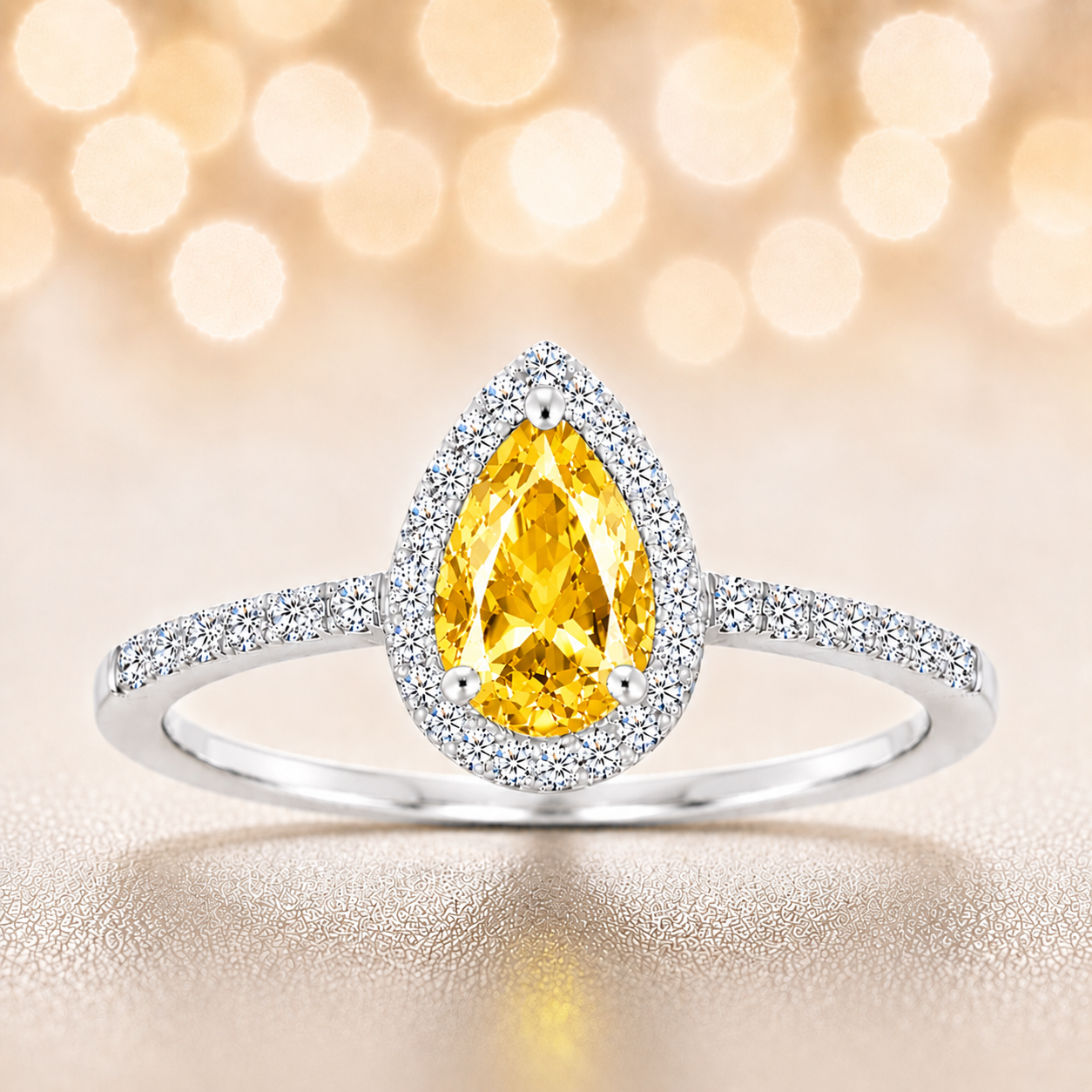 Yellow sapphire ring with a 7×5 mm pear cut, with moissanite in white gold-plated 925 silver. Elegant and timeless for daily wear. Available now at BSI Jewelry.