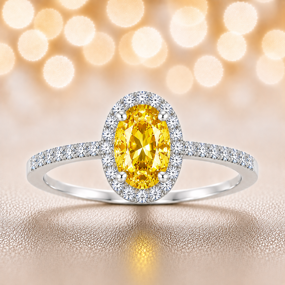 Yellow sapphire ring with a 7×5 mm oval cut in white gold-plated 925 silver, with moissanite. Elegant and refined for daily wear. Available now at BSI Jewelry.