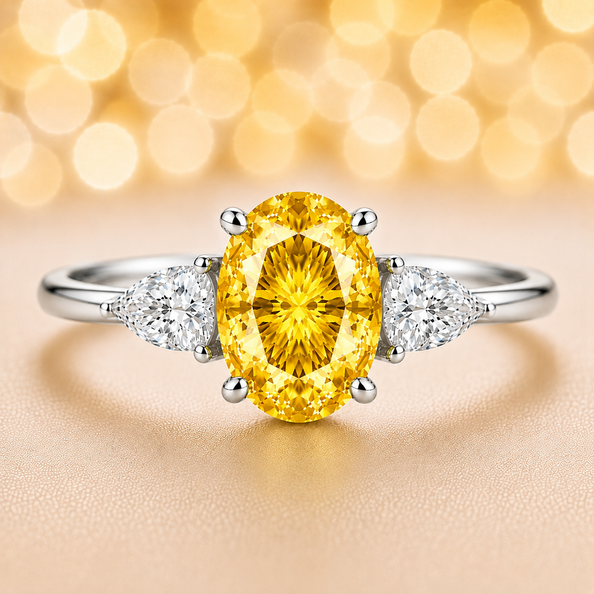 Yellow sapphire ring with 7×5 mm oval center in white gold-plated 925 silver. Hypoallergenic silver for comfortable daily wear. Available now at BSI Jewelry.