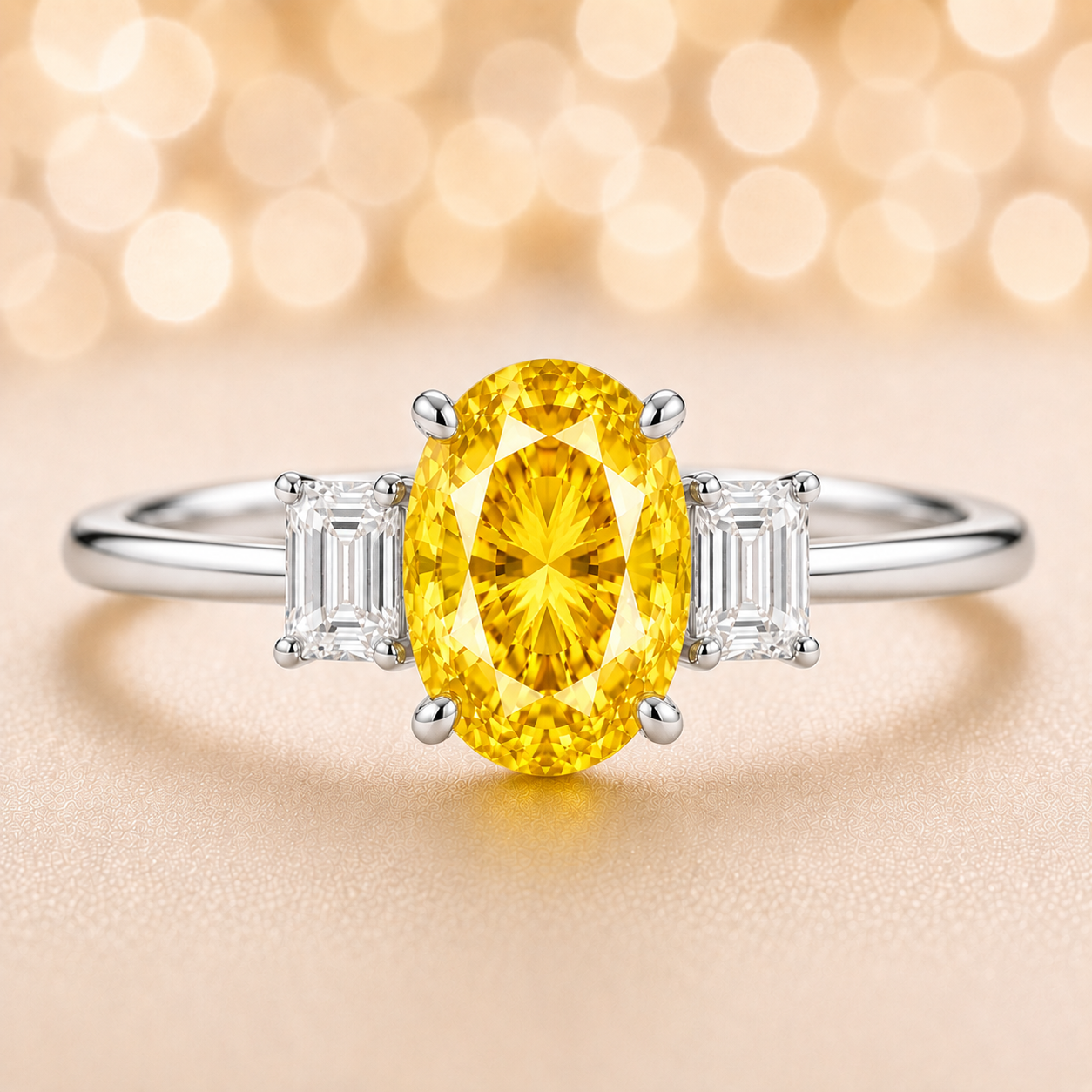 Yellow sapphire ring with 7×5 mm oval center and 5×3 mm moissanite sides in white gold-plated 925 silver. Elegant and refined. Available now at BSI Jewelry.