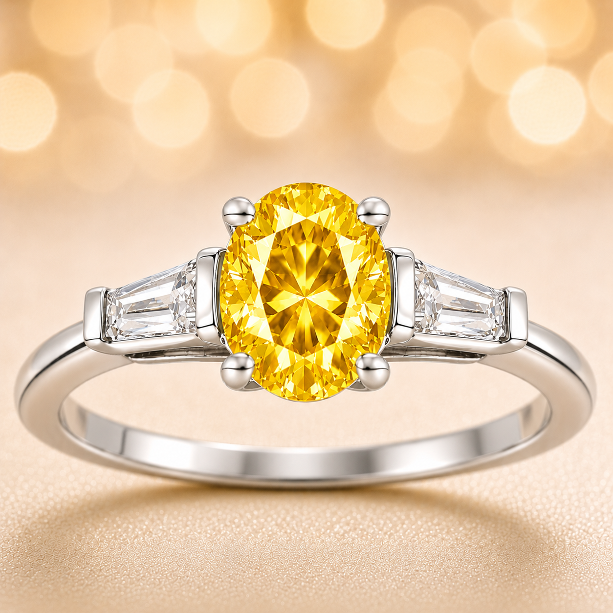 Yellow sapphire ring with 7×5 mm oval center in white gold-plated 925 silver. Bright, elegant, and hypoallergenic. Available now at BSI Jewelry.