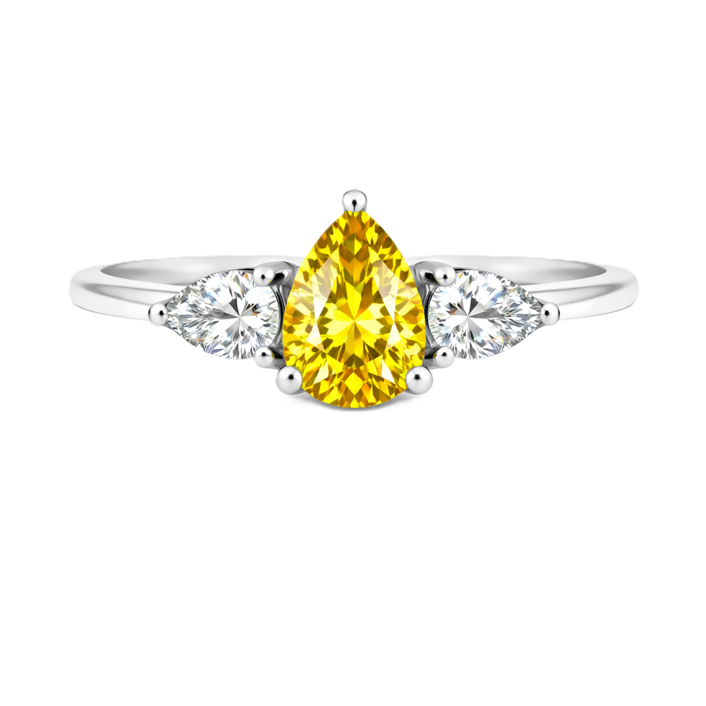 Yellow sapphire ring with 7×5 mm pear center and side stones in white gold-plated 925 silver. Bright and elegant for daily wear. Available now at BSI Jewelry.