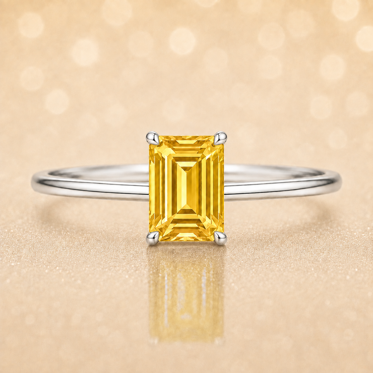 Elegant 6×4 mm emerald-cut yellow sapphire ring crafted in white gold-plated 925 silver with palladium alloy. Timeless brilliance. Available now at BSI Jewelry.