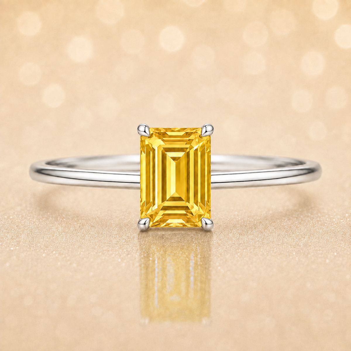 Elegant 6×4 mm emerald-cut yellow sapphire ring crafted in white gold-plated 925 silver with palladium alloy. Timeless brilliance. Available now at BSI Jewelry.