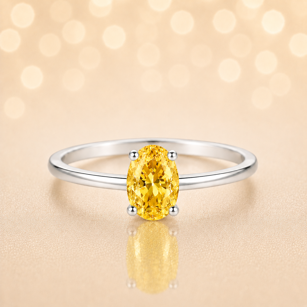 Yellow sapphire solitaire ring with a 6×4 mm oval in white gold-plated 925 silver. Elegant, minimal, and timeless for daily wear. Available now at BSI Jewelry.