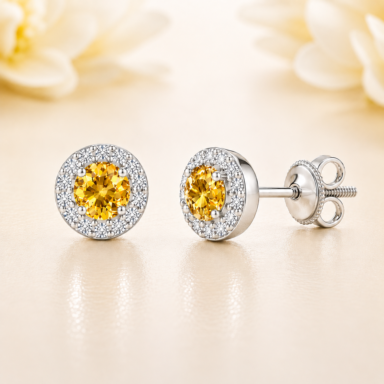 Yellow sapphire stud earrings with 4 mm round cut in white gold-plated 925 silver, accented with moissanite and screw-back posts. Available now at BSI Jewelry.