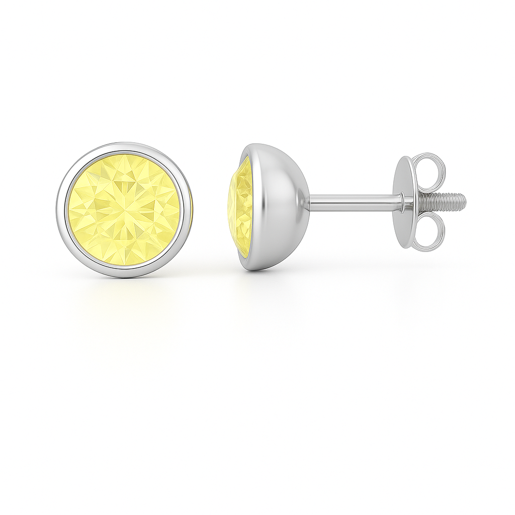 Yellow sapphire stud earrings with 5 mm round stones, crafted in white gold-plated 925 silver. Elegant sparkle and timeless style. Available now at BSI Jewelry.