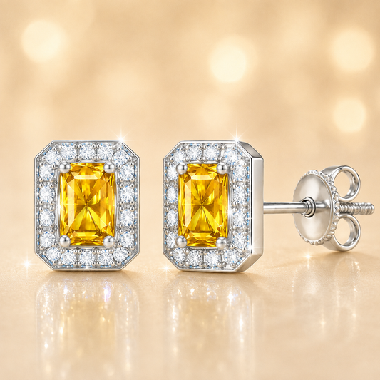 Yellow sapphire stud earrings with 5×3 mm emerald in white gold-plated 925 silver, accented with moissanite and screw-back posts. Available now at BSI Jewelry.
