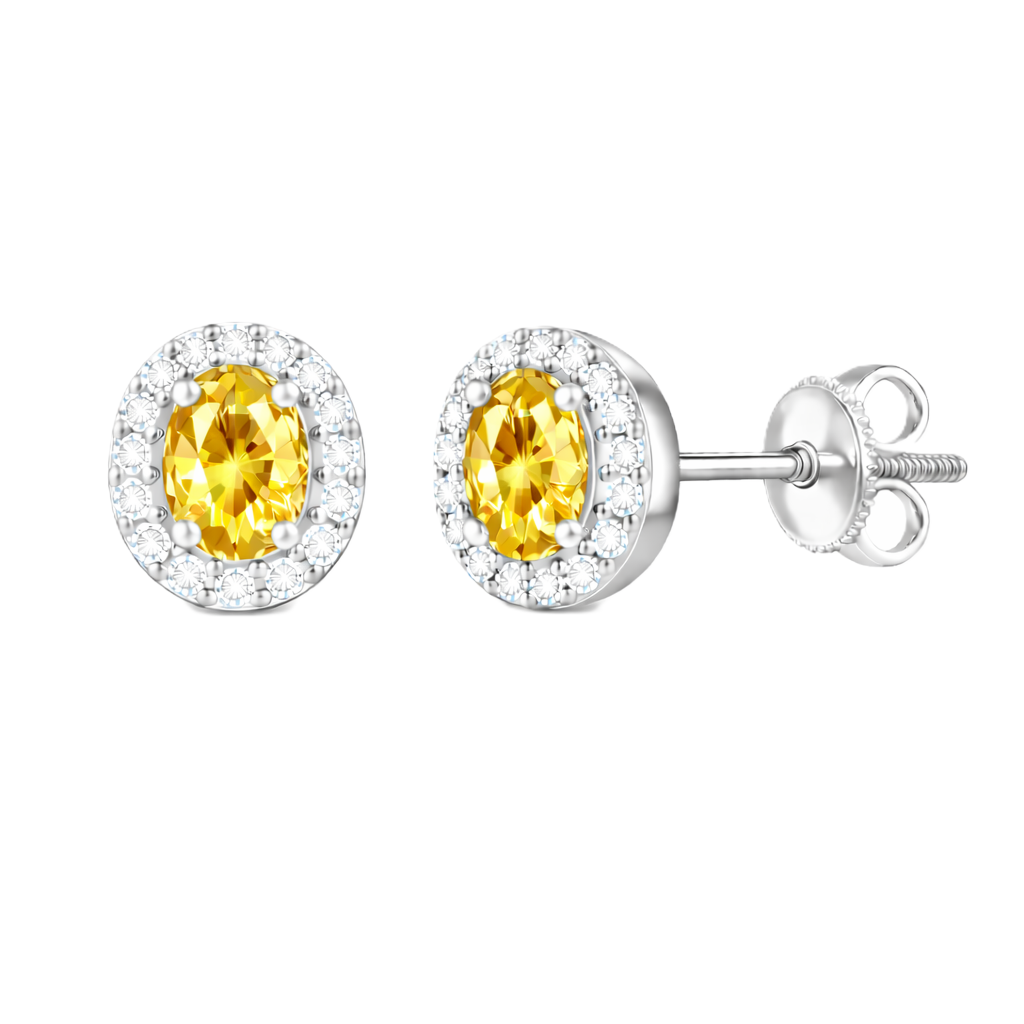 Yellow sapphire stud earrings with 5×3 mm oval in white gold-plated 925 silver, accented with moissanite and secure screw-back posts. Available now at BSI Jewelry.