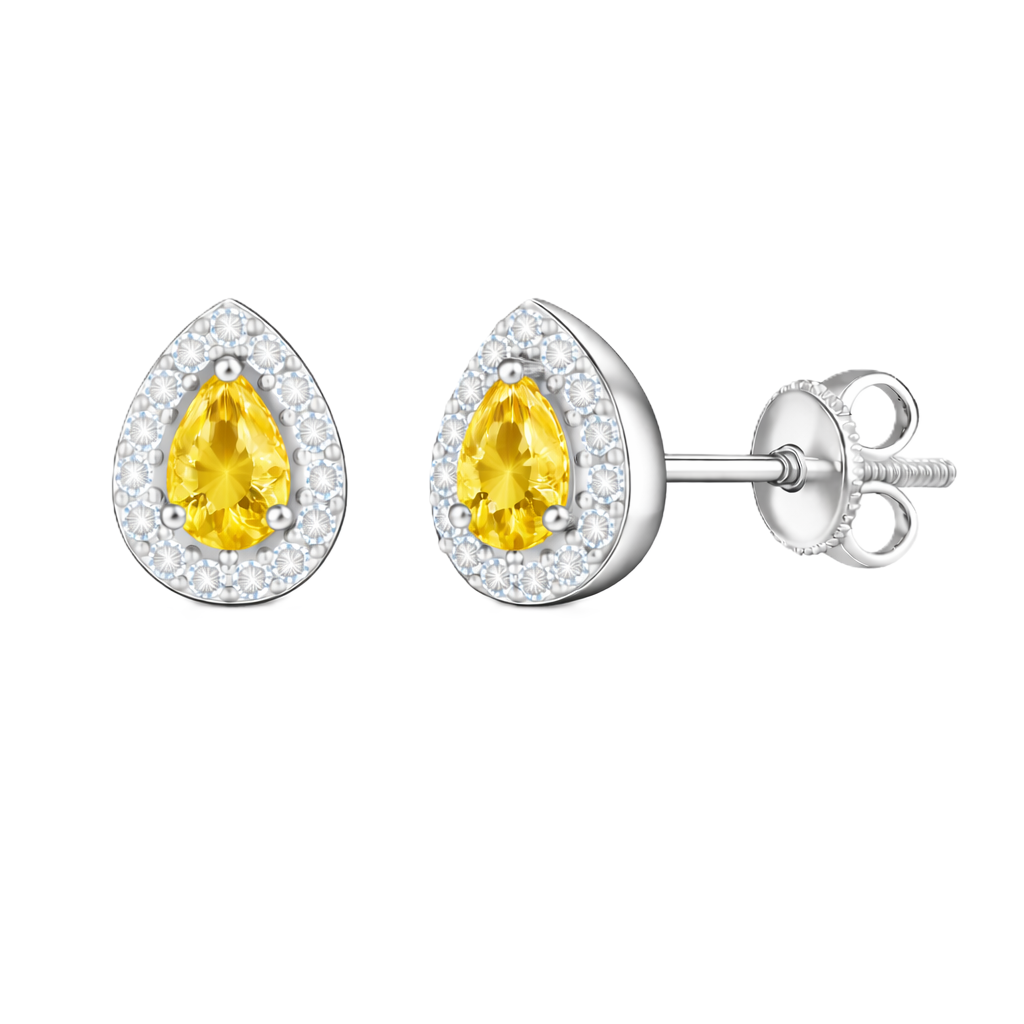 Yellow sapphire stud earrings with 5×3 mm pear in white gold-plated 925 silver, accented with moissanite and secure screw-back posts. Available now at BSI Jewelry.