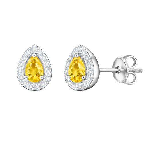 Yellow sapphire stud earrings with 5×3 mm pear in white gold-plated 925 silver, accented with moissanite and secure screw-back posts. Available now at BSI Jewelry.