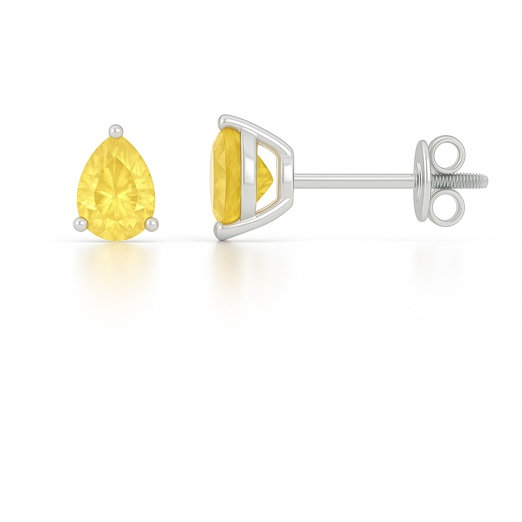 Yellow sapphire stud earrings in 6×4 mm pear cut, set in white gold-plated 925 silver. Hypoallergenic and elegant for daily wear. Available now at BSI Jewelry.