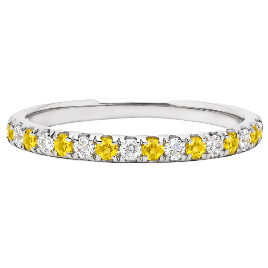 Yellow sapphire wedding band with 1.80 mm round-cut stones, crafted in white gold-plated 925 silver and accented with moissanite. Available now at BSI Jewelry.